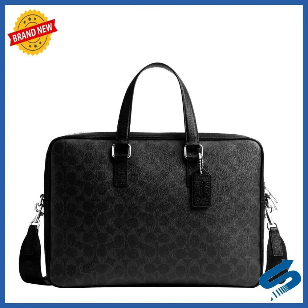 Coated Canvas Briefcase with Laptop Compartment Detachable Strap